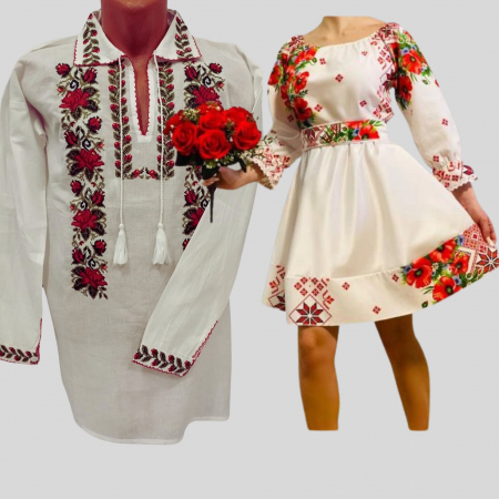 Set Cuplu 614/ Camasa Traditionala si Rochie Stilizata cu motive traditionale [2]