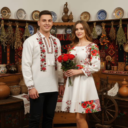 Set Traditional - Set Cuplu 614/ Camasa Traditionala si Rochie Stilizata cu motive traditionale