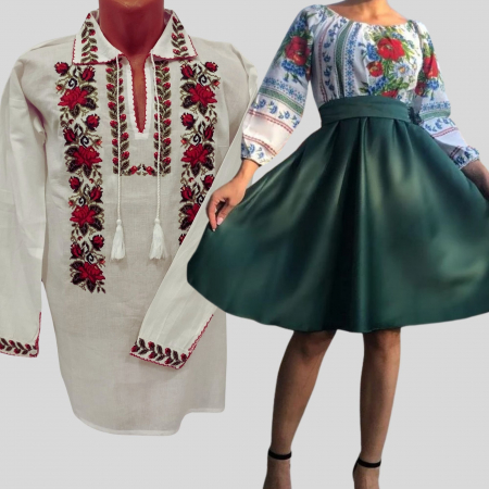 Set Cuplu 615/ Camasa Traditionala si Rochie Stilizata cu motive traditionale [1]