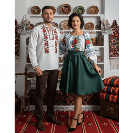 Set cuplu - Set Cuplu 615/ Camasa Traditionala si Rochie Stilizata cu motive traditionale