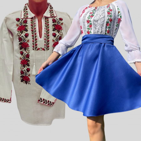 Set Traditional - Set Cuplu 616 / Camasa Traditionala si Rochie Stilizata cu motive traditionale