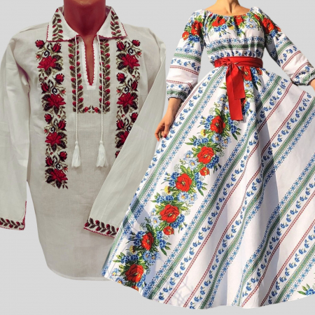 Set Traditional - Set Cuplu 618 / Camasa Traditionala si Rochie Stilizata cu motive traditionale