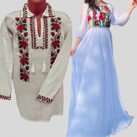 Set Cuplu 619 / Camasa Traditionala si Rochie Stilizata cu motive traditionale [1]