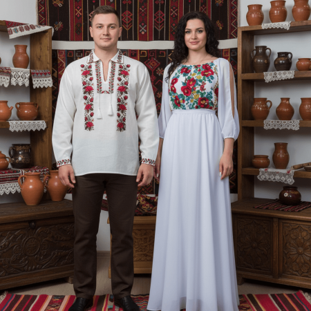 Set Traditional - Set Cuplu 619 / Camasa Traditionala si Rochie Stilizata cu motive traditionale