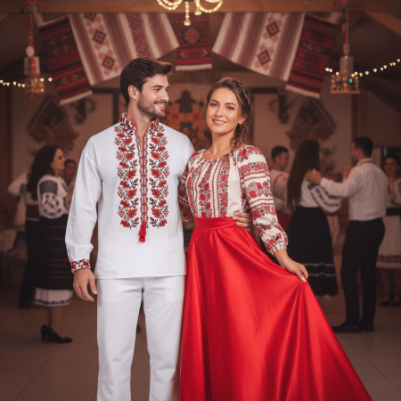 Set cuplu - Set Cuplu 678/ Camasa Traditionala si Rochie Stilizata cu motive traditionale