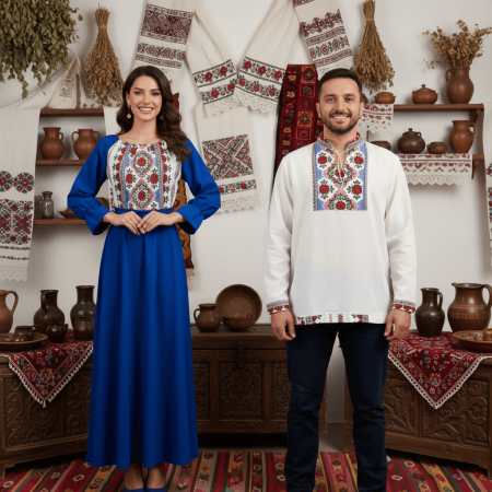 Set cuplu - Set Cuplu 643 / Camasa Traditionala si Rochie Stilizata cu motive traditionale