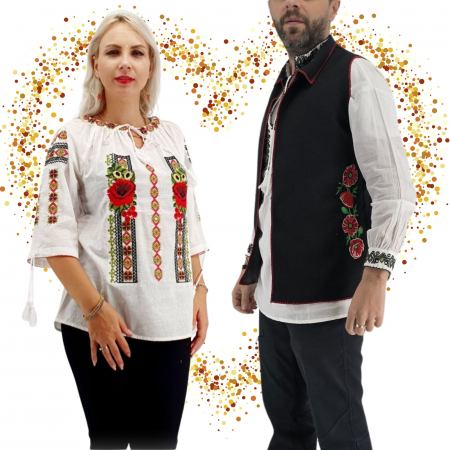 Set Traditional - Set Cuplu 624 / Vesta cu Broderie si Ie traditionala cu broderie