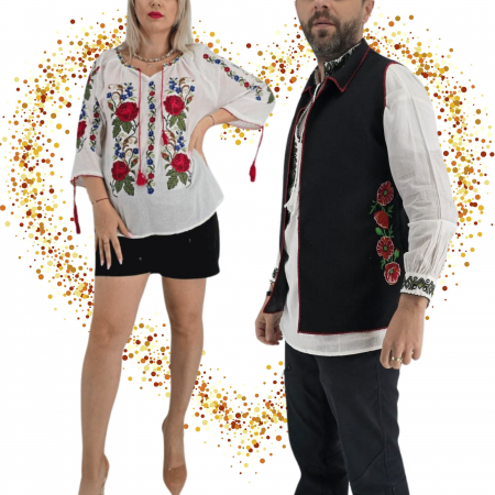 Set Traditional - Set Cuplu 627 / Vesta cu Broderie si Ie traditionala cu broderie