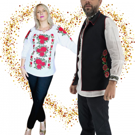 Set Traditional - Set Cuplu 628 / Vesta cu Broderie si Ie traditionala cu broderie