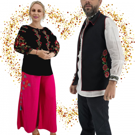 Set Traditional - Set Cuplu 629 / Vesta cu Broderie si Ie traditionala cu broderie