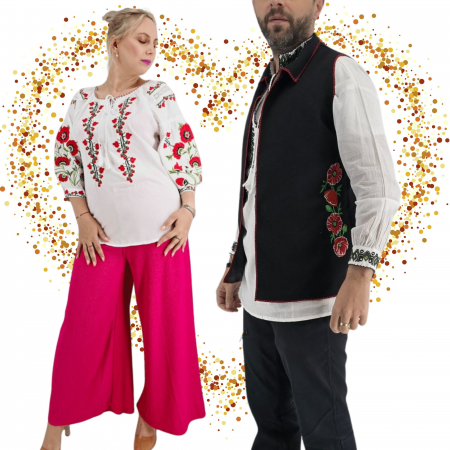 Set Traditional - Set Cuplu 630 / Vesta cu Broderie si Ie traditionala cu broderiee
