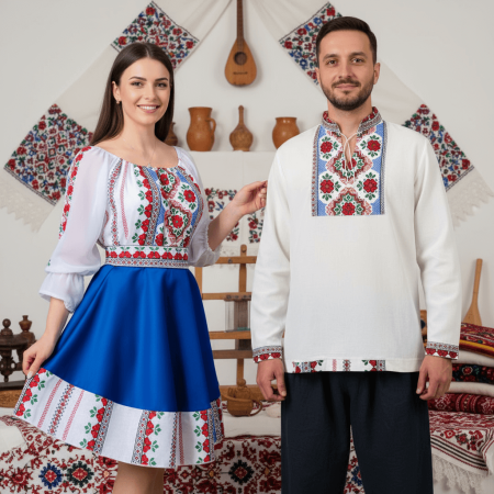 Set cuplu - Set Cuplu 644 / Camasa Traditionala si Rochie Stilizata cu motive traditionale