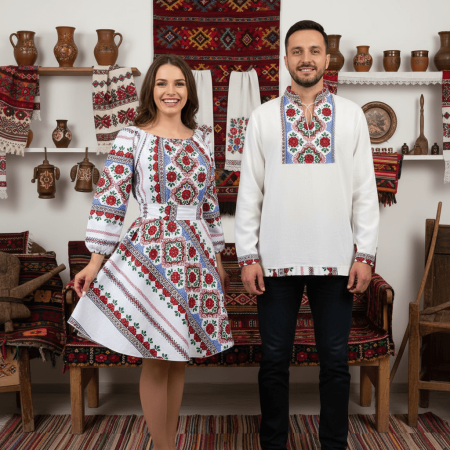 Set cuplu - Set Cuplu 645 / Camasa Traditionala si Rochie Stilizata cu motive traditionale