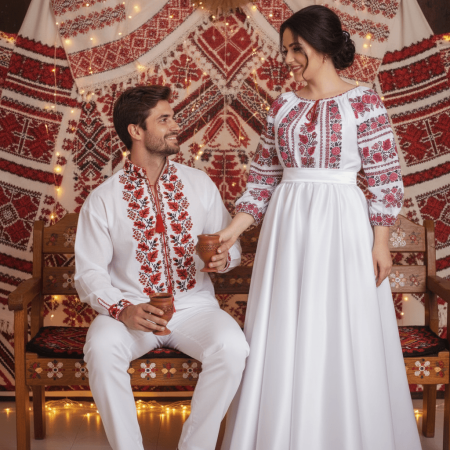 Set cuplu - Set Cuplu 679/ Camasa Traditionala si Rochie Stilizata cu motive traditionale