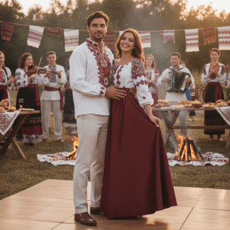 Set cuplu - Set Cuplu 680/ Camasa Traditionala si Rochie Stilizata cu motive traditionale