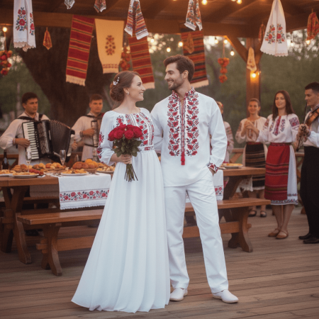 Set cuplu - Set Cuplu 681/ Camasa Traditionala si Rochie Stilizata cu motive traditionale