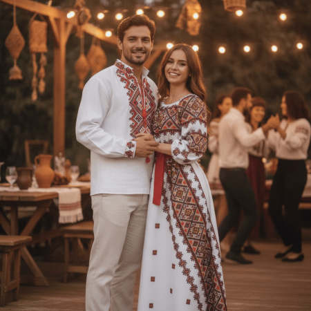 Set cuplu - Set Cuplu 682/ Camasa Traditionala si Rochie Stilizata cu motive traditionale