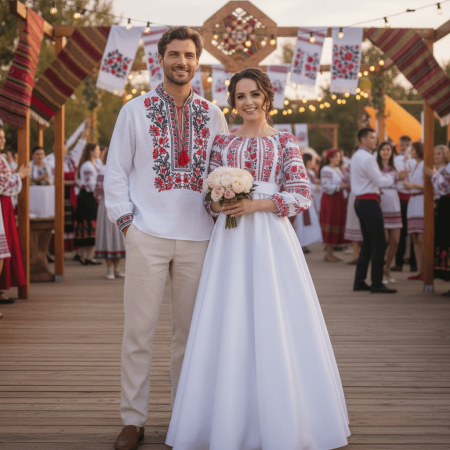 Set cuplu - Set Cuplu 686/ Camasa Traditionala si Rochie Stilizata cu motive traditionale
