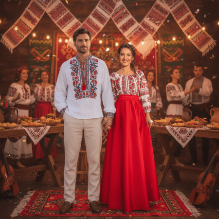 Set cuplu - Set Cuplu 687/ Camasa Traditionala si Rochie Stilizata cu motive traditionale