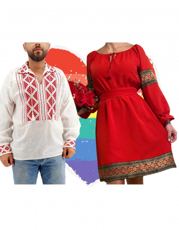 Set cuplu - Set Cuplu Traditional 157 / Camasa Traditionala si Rochie cu motive traditionale