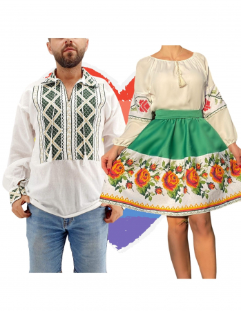 Set cuplu - Set Cuplu Traditional 158 / Camasa Traditionala si Rochie cu motive traditionale