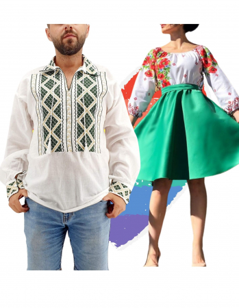 Set cuplu - Set Cuplu Traditional 160 / Camasa Traditionala si Rochie cu motive traditionale