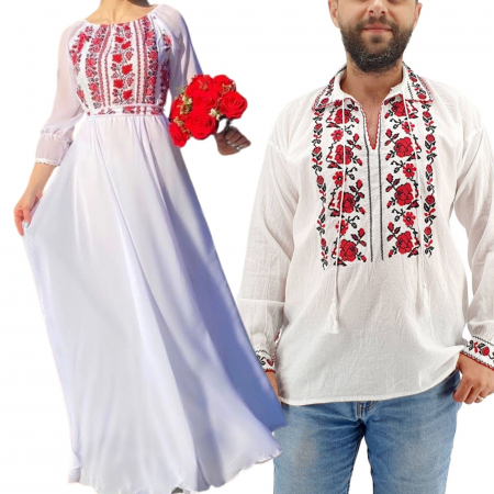Set cuplu - Set Cuplu Traditional 216 / Camasa Traditionala si Rochie cu motive traditionale