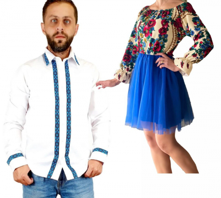 Set cuplu - Set Cuplu Traditional 215 / Camasa Traditionala si Rochie cu motive traditionale
