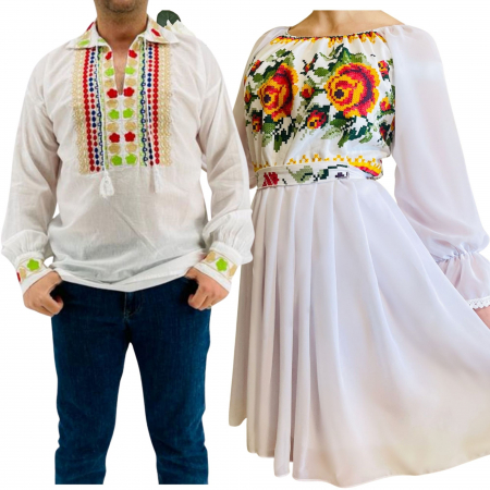 Set cuplu - Set Cuplu Traditional 222 / Camasa Traditionala si Rochie cu motive traditionale