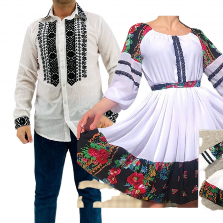 Set cuplu - Set Cuplu Traditional 231 / Camasa Traditionala si Rochie cu motive traditionale