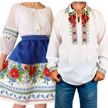Set cuplu - Set Cuplu Traditional 238 / Camasa Traditionala si Rochie cu motive traditionale