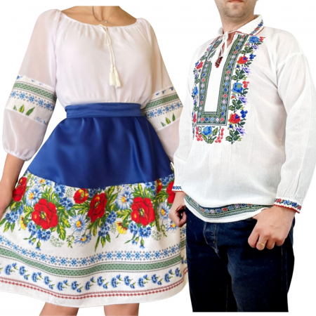 Set cuplu - Set Cuplu Traditional 240 / Camasa Traditionala si Rochie cu motive traditionale