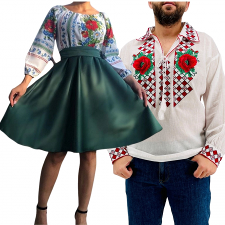 Set cuplu - Set Cuplu Traditional 241 / Camasa Traditionala si Rochie cu motive traditionale