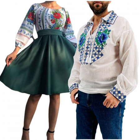 Set cuplu - Set Cuplu Traditional 242 / Camasa Traditionala si Rochie cu motive traditionale