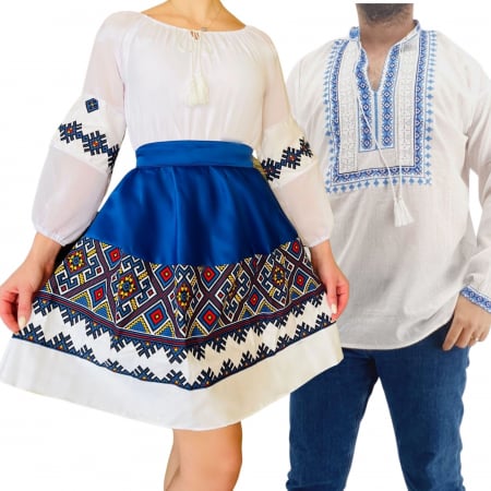 Set cuplu - Set Cuplu Traditional 244 / Camasa Traditionala si Rochie cu motive traditionale