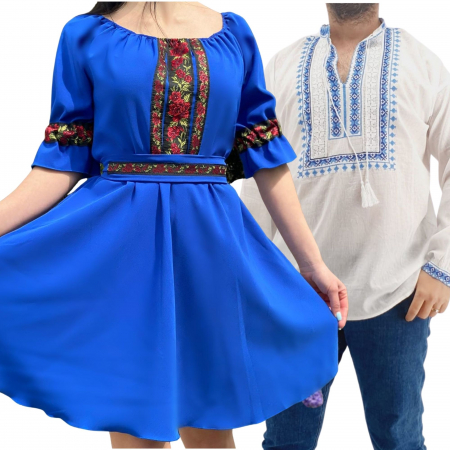 Set cuplu - Set Cuplu Traditional 245 / Camasa Traditionala si Rochie cu motive traditionale