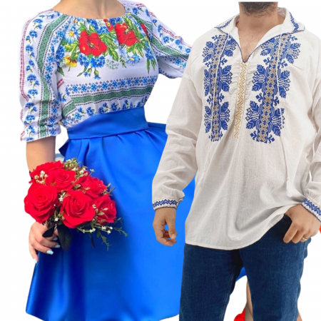 Set cuplu - Set Cuplu Traditional 250 / Camasa Traditionala si Rochie cu motive traditionale