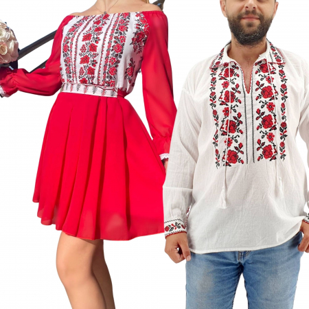 Set cuplu - Set Cuplu Traditional 256 / Camasa Traditionala si Rochie cu motive traditionale