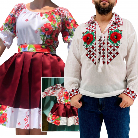 Set cuplu - Set Cuplu Traditional 257 / Camasa Traditionala si Rochie cu motive traditionale