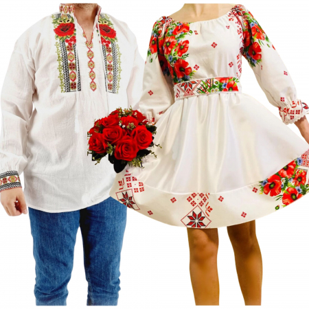 Set cuplu - Set Cuplu Traditional 258 / Camasa Traditionala si Rochie cu motive traditionale