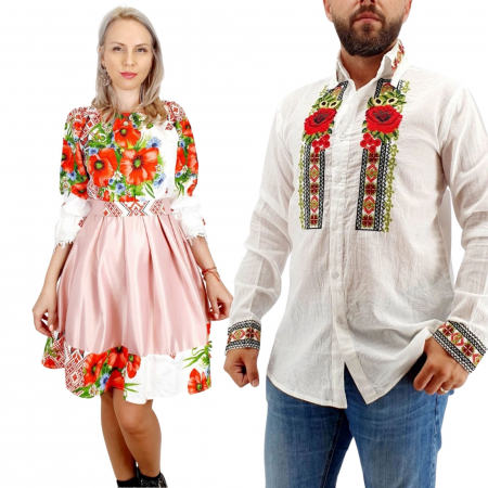 Set cuplu - Set Cuplu Traditional 259 / Camasa Traditionala si Rochie cu motive traditionale