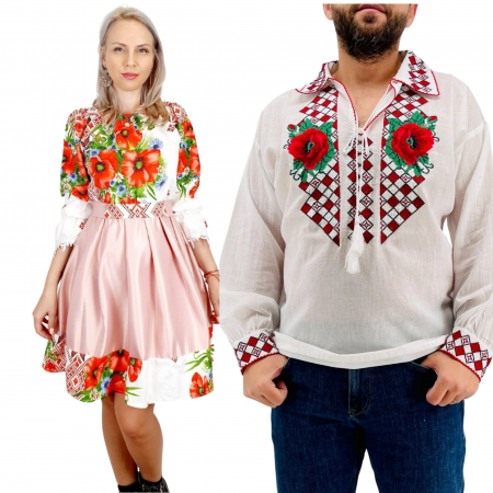 Set cuplu - Set Cuplu Traditional 260 / Camasa Traditionala si Rochie cu motive traditionale