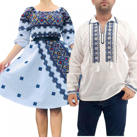 Set cuplu - Set Cuplu Traditional 261 / Camasa Traditionala si Rochie cu motive traditionale