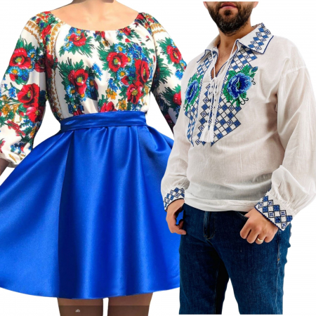 Set cuplu - Set Cuplu Traditional 269 / Camasa Traditionala si Rochie cu motive traditionale