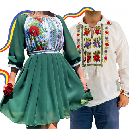 Set cuplu - Set Cuplu Traditional 296 / Camasa Traditionala si Rochie cu motive traditionale
