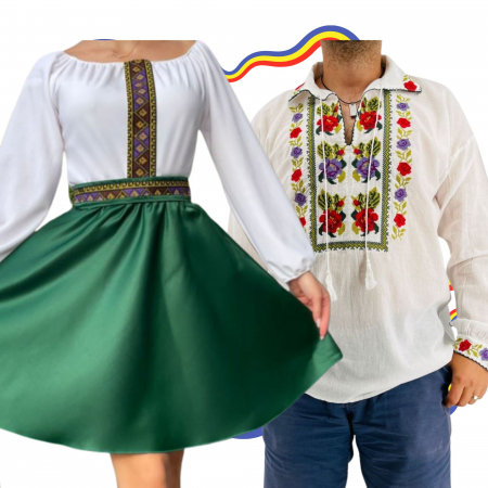 Set cuplu - Set Cuplu Traditional 297 / Camasa Traditionala si Rochie cu motive traditionale