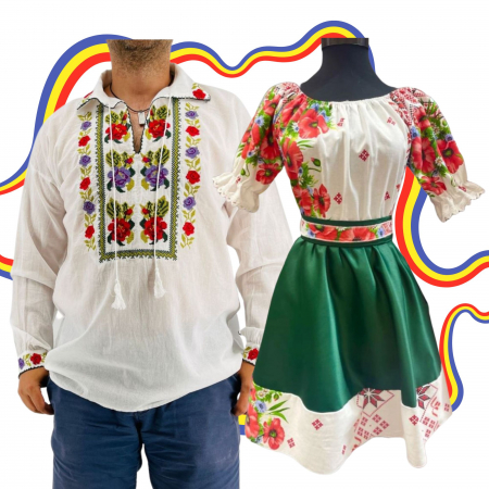 Set cuplu - Set Cuplu Traditional 298 / Camasa Traditionala si Rochie cu motive traditionale