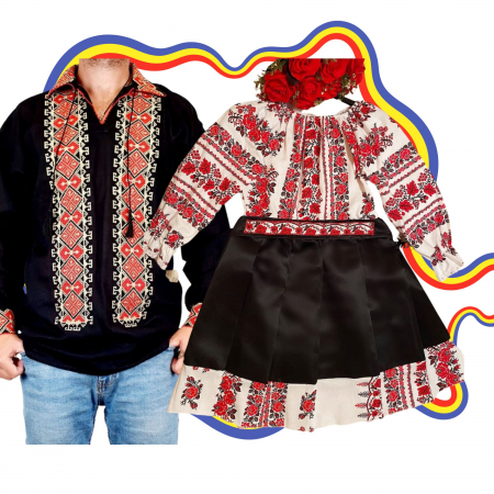 Set cuplu - Set Cuplu Traditional 300 / Camasa Traditionala si Rochie cu motive traditionale