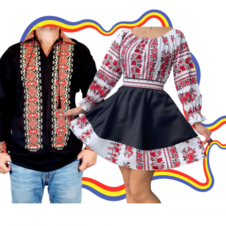 Set cuplu - Set Cuplu Traditional 301 / Camasa Traditionala si Rochie cu motive traditionale