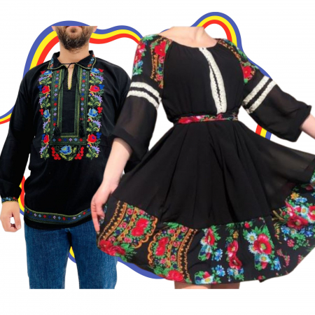 Set cuplu - Set Cuplu Traditional 302 / Camasa Traditionala si Rochie cu motive traditionale